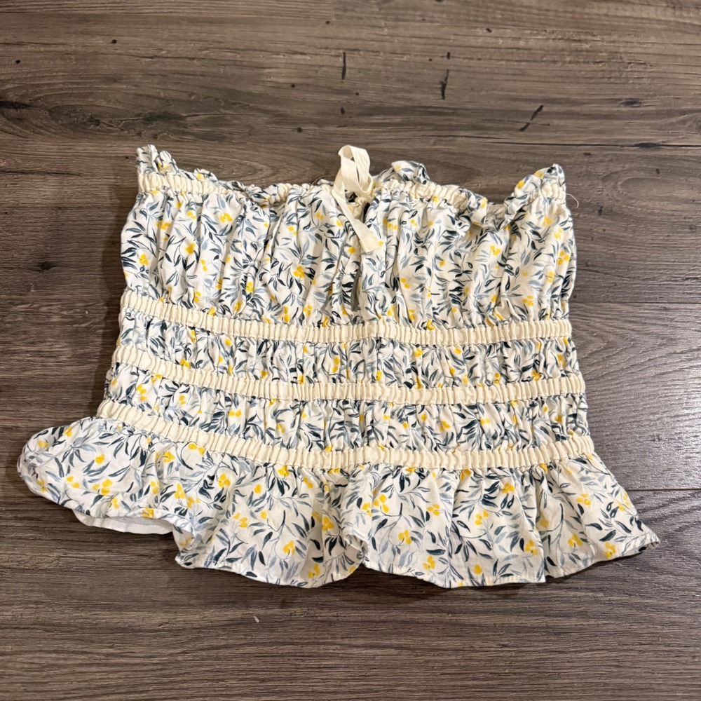HM Floral Smocked Tube Top Small White Yellow Blue Cropped Ruffle Strapless